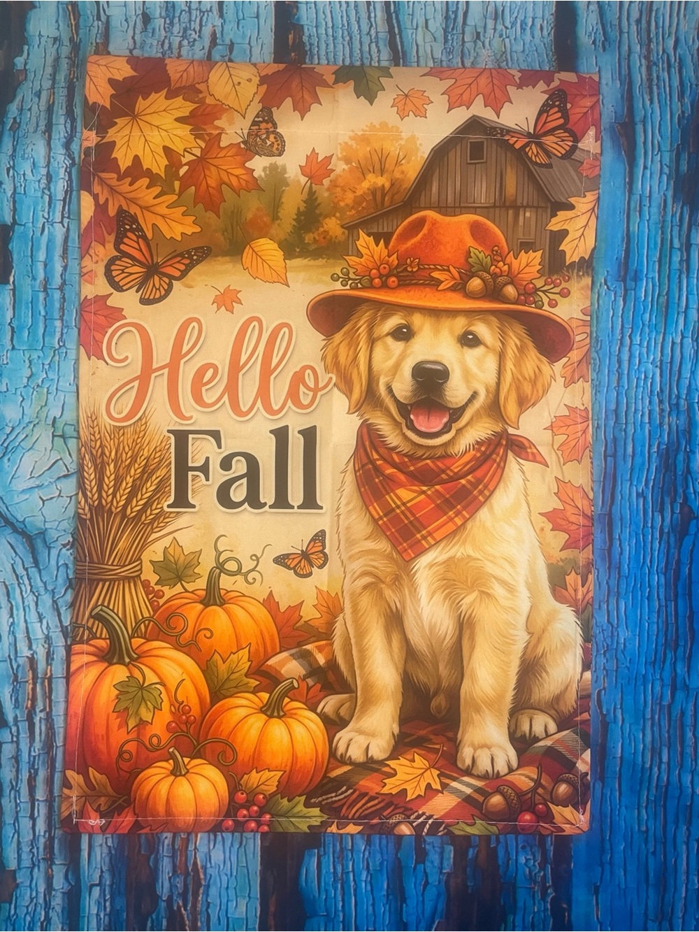 Hello Fall Golden Retriever Garden Flag - Autumn Orange & Brown
